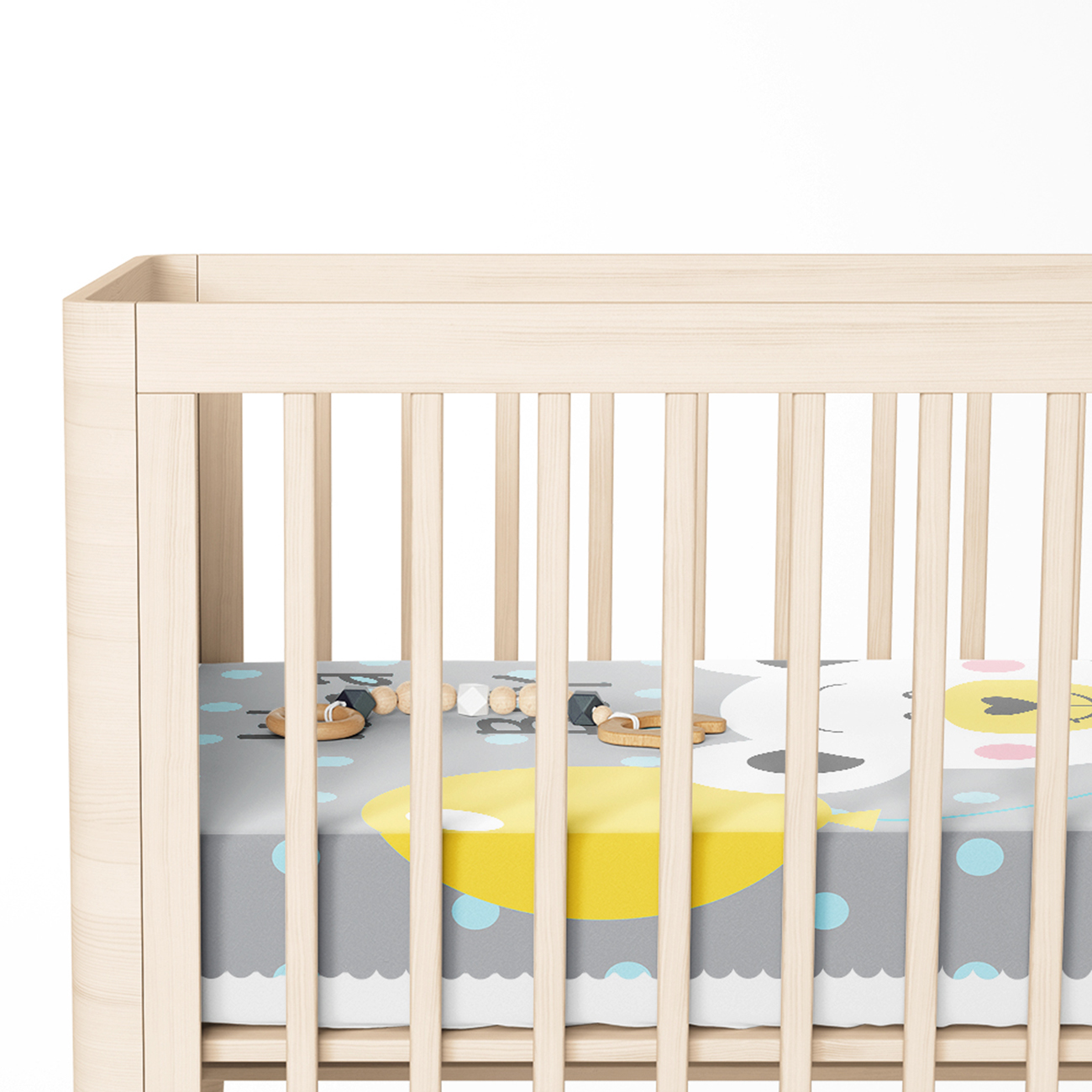 Gri Zeminde Ayıcık Desenli Dijtal Baskılı Bebek Odası Yatak Örtüsü