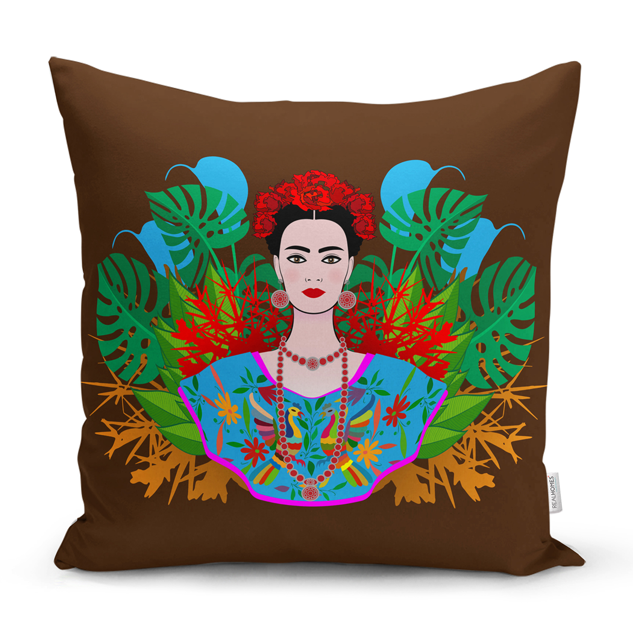 Kahverengi Zeminde Özel Tasarım Frida Kahlo Baskılı Kırlent Kılıfı