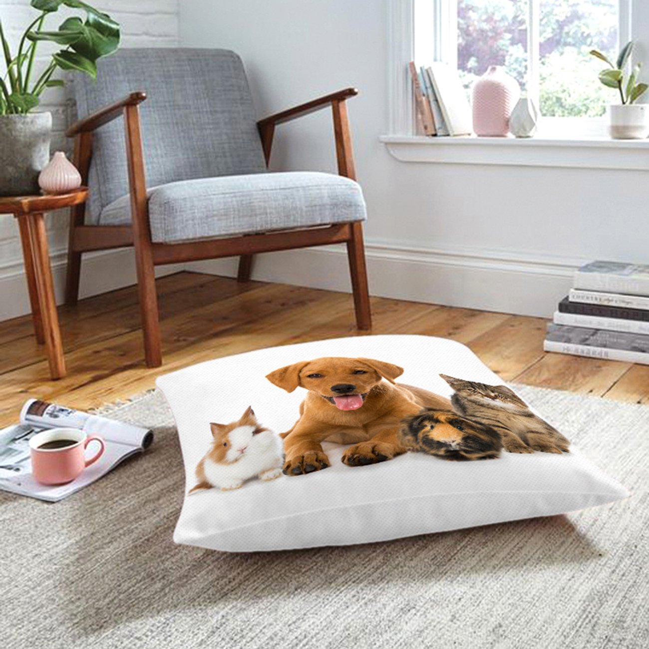 TavşanKediKöpek Desenli Dijital Baskılı Modern Hayvan Yer Minderi