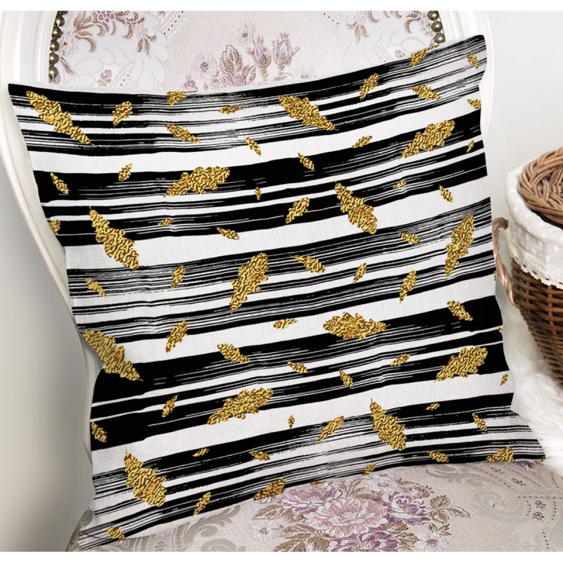 Siyah Beyaz Zeminli Gold Yaprak Desenli Dijital Baskılı Modern Yastık